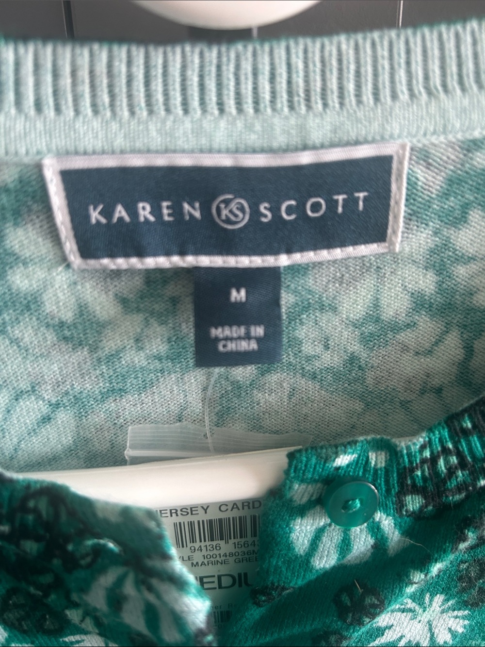 NWT Karen Scott Teal Green Floral Button-Front Cardigan (M) - Picture 2 of 4